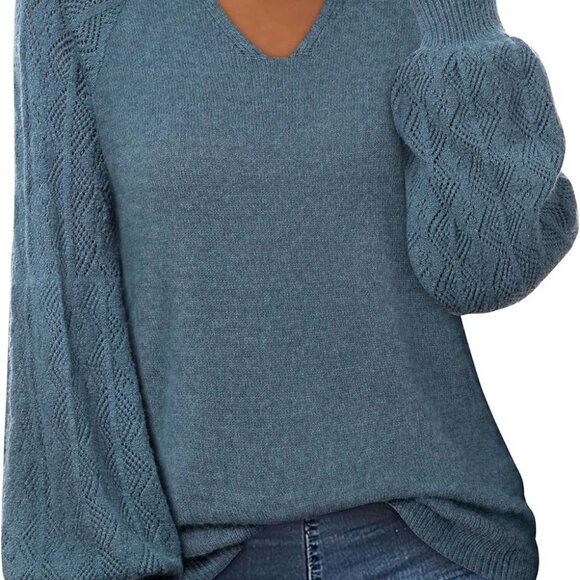 Womens Pullover Sweaters 2025 Casual Long Sleeve V Neck Loose Knit Tops - Picture 1 of 5